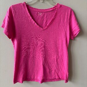 Madewell The Easy Crop V-Neck Tee in Soft Slub, Size Medium, Bright Pink Color